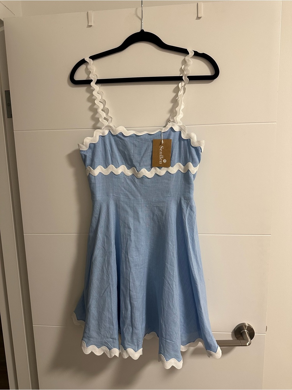 Shy Velvet Blue Linen Mini Dress with Ric Rac Trim - Picture 4 of 4